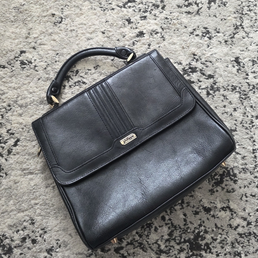 Vintage 90s Leather Flap Satchel Handbag Philippe Silvertone Classic City Chic